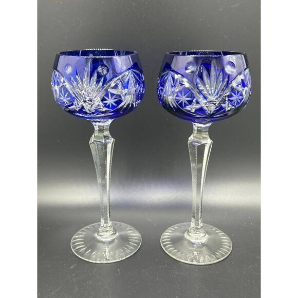 VTG 2 Piece Set of Bohemian Cut to Clear Blue Tall Round Wine Glasses Goblets - Picture 2 of 6